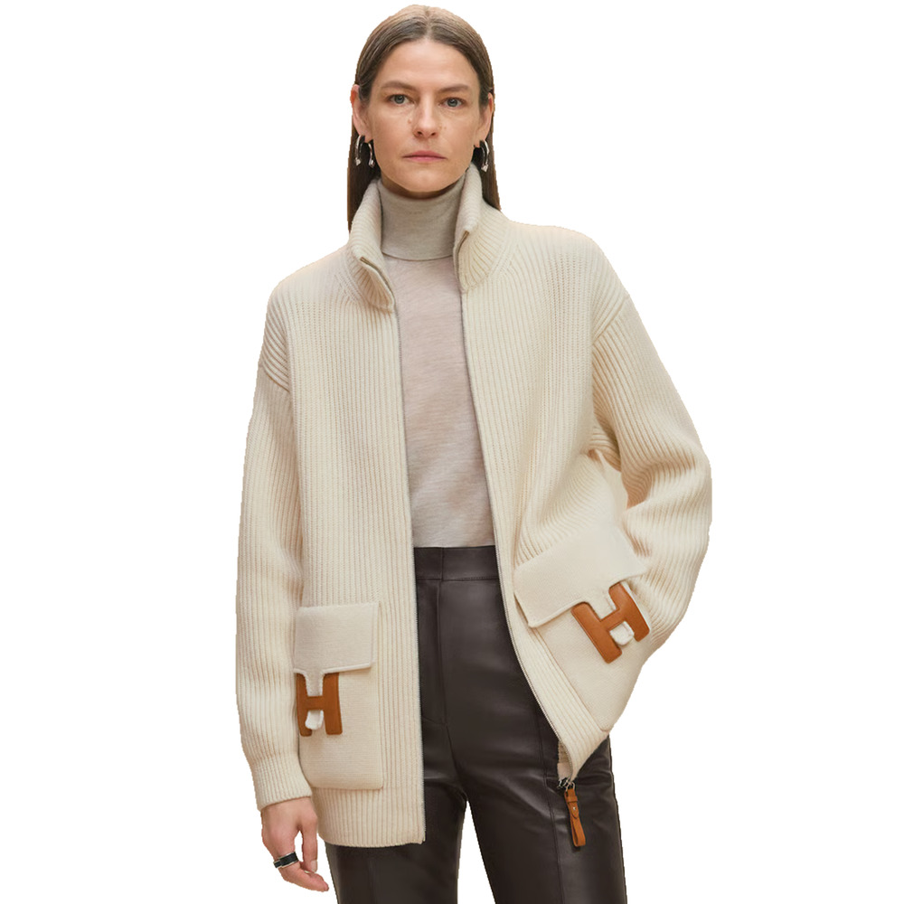Hermes H Pocket Logo Blanc Zip Up Zipper Cardigan Sweater Wool Knit Jacket 38 - Picture 1 of 16